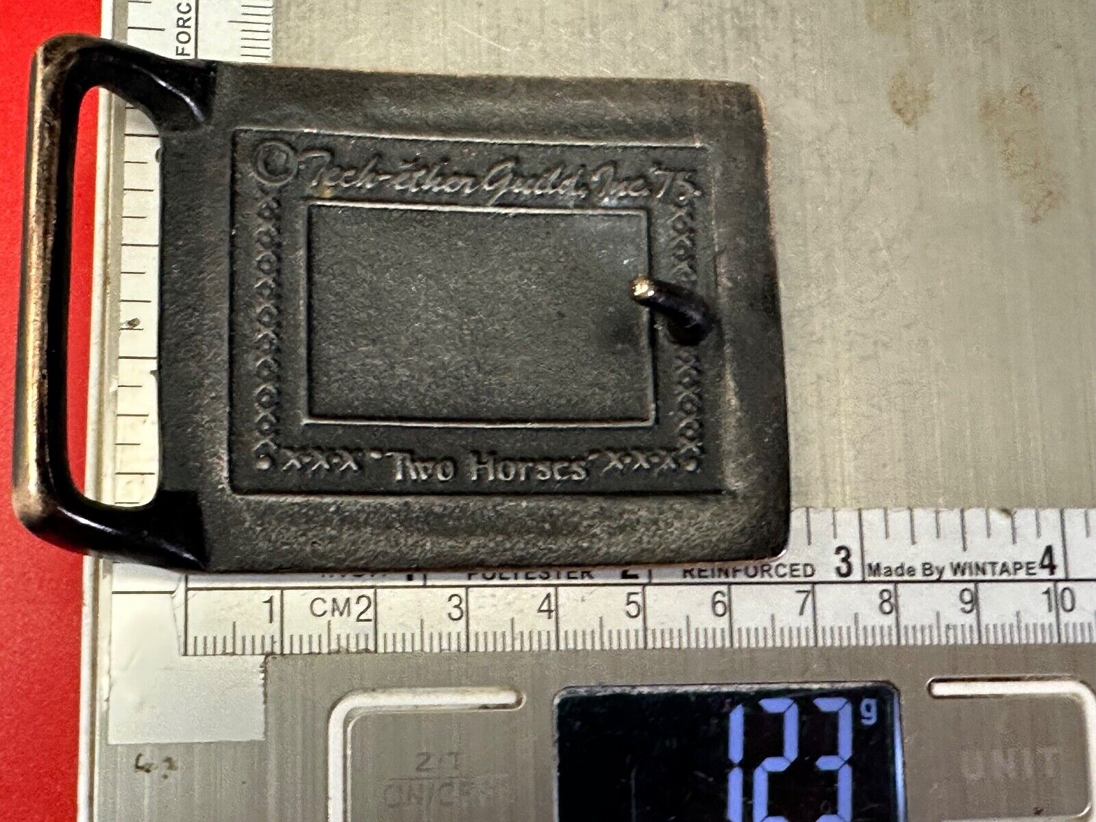 TWO HORSES - under tree  TECH-ETHER GUILD ART Hippy  solid brass belt buckle
