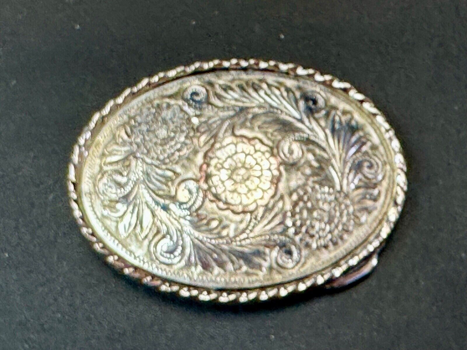 vintage flower leaf design western etched belt buckle marked W
