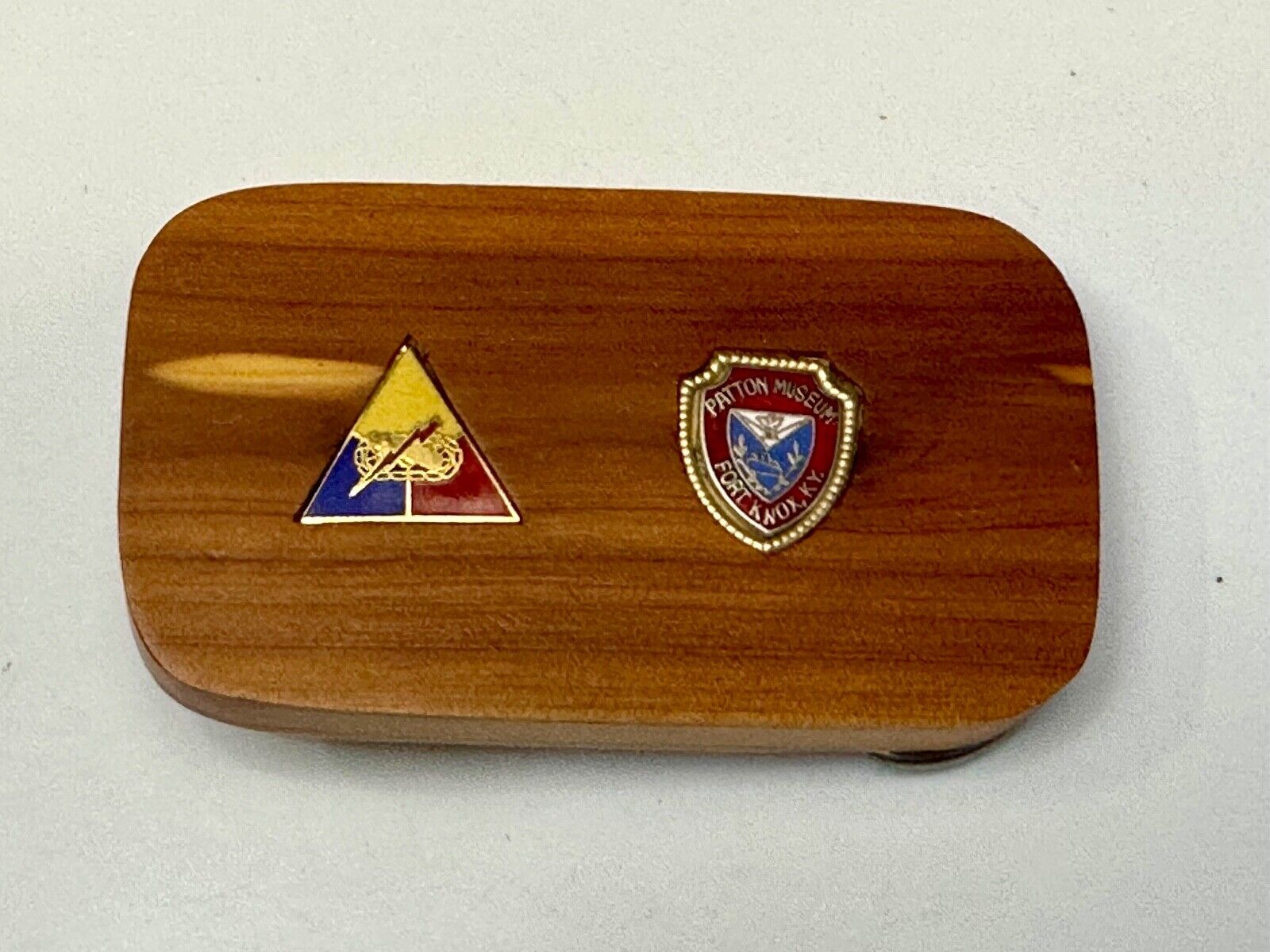 Two pins Patton Museum Fort Knox KY Artisan Inlaid project to wooden Belt Buckle