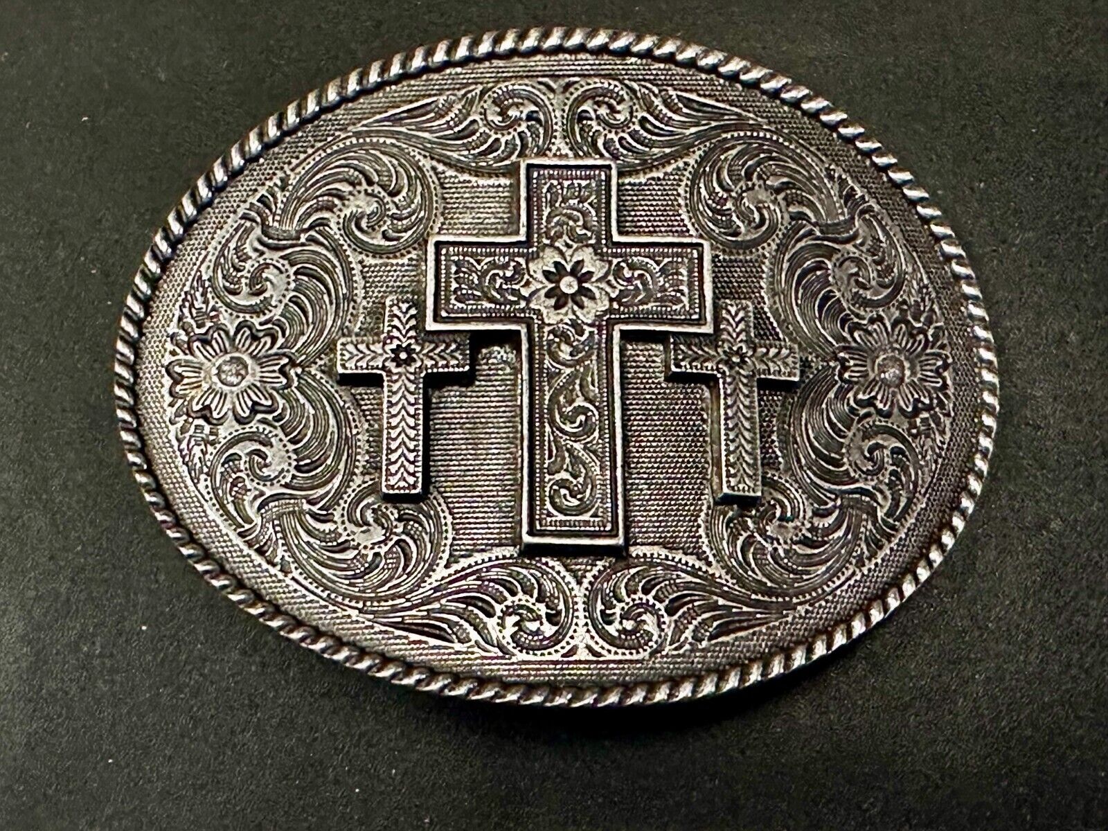 Three Cross Religious Faith Christian Flower Swirl Western Belt Buckle by Taylor