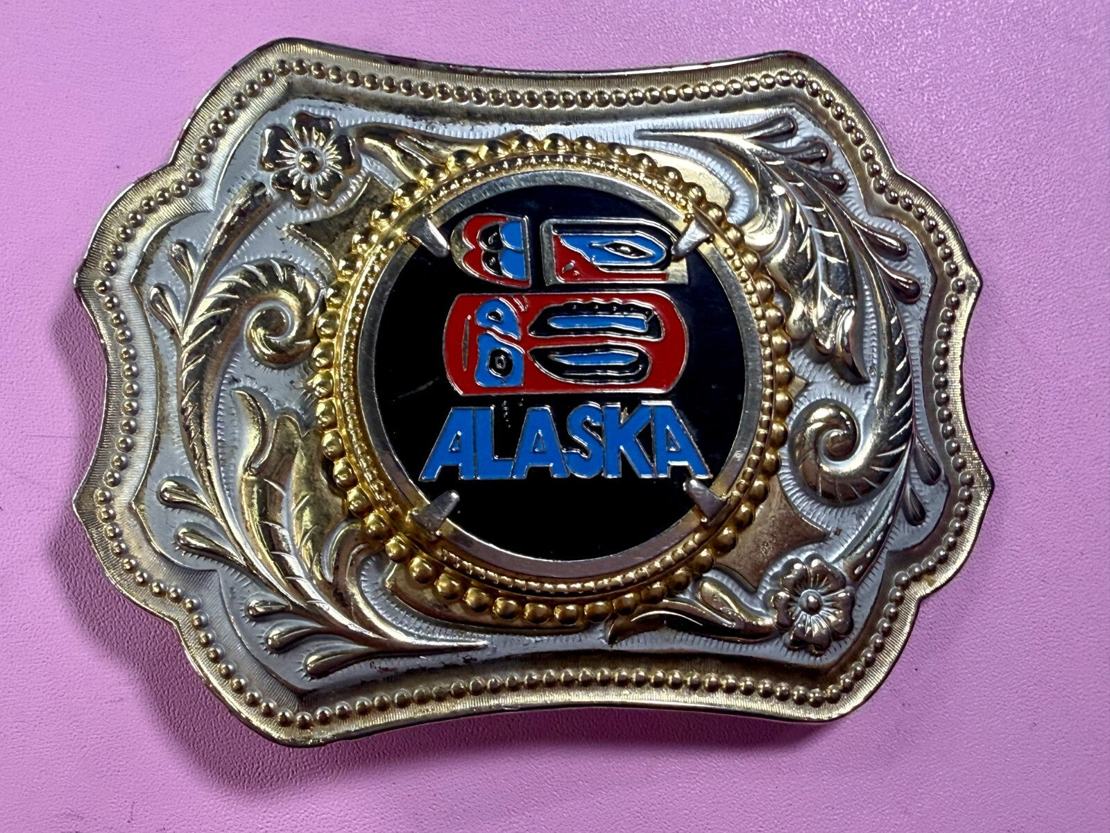 ALASKA Alaskan State Centerpiece on Gold Color Western Style Belt Buckle