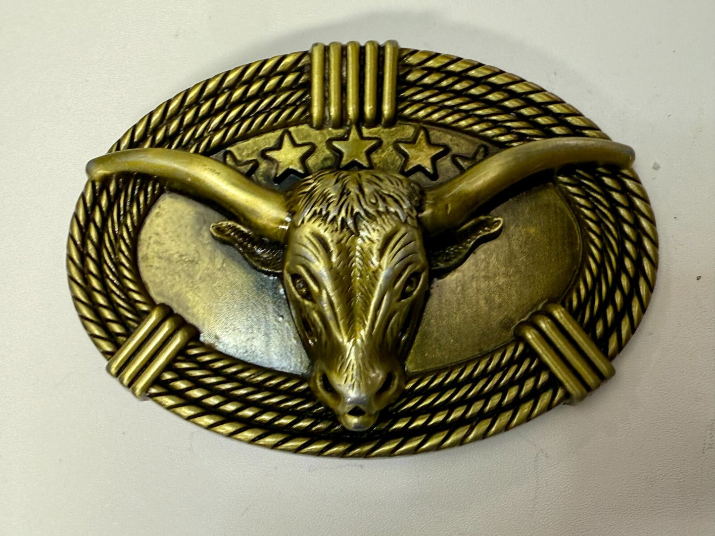3D Longhorn Bull Head with Stars Rope Border Western Rodeo Cowboy Belt Buckle