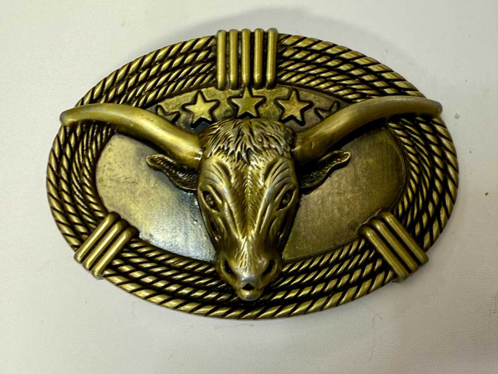 3D Longhorn Bull Head with Stars Rope Border Western Rodeo Cowboy Belt Buckle