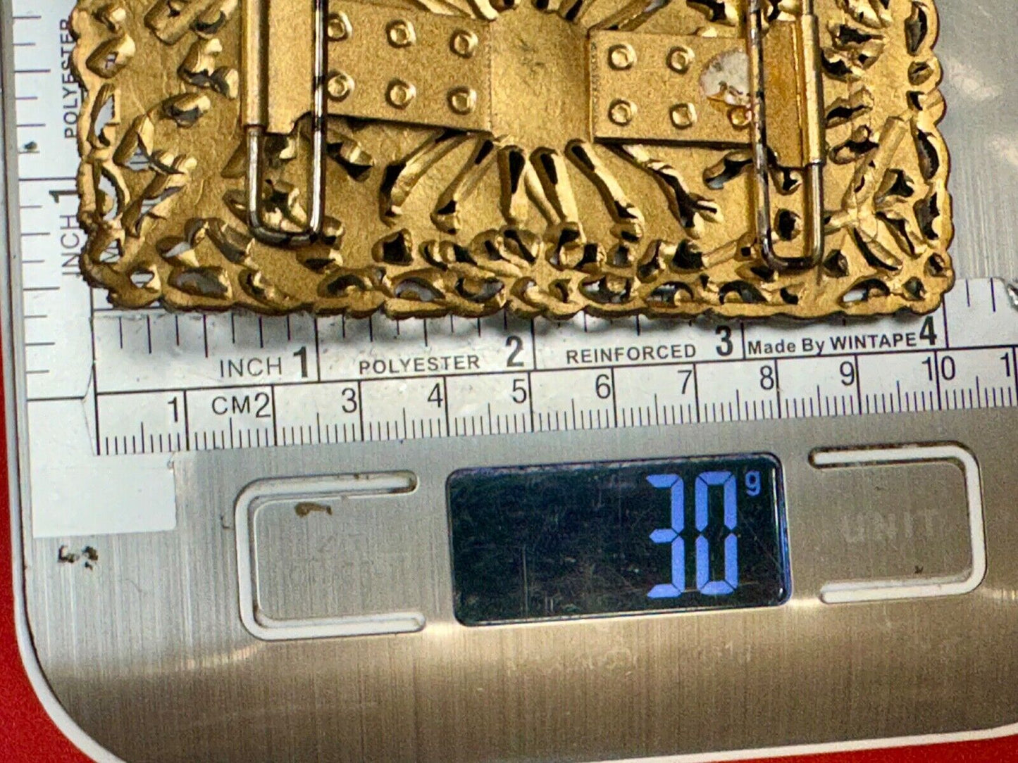 Antique gold tone? Flower theme Rhinestone covered scarf slide belt loupe buckle