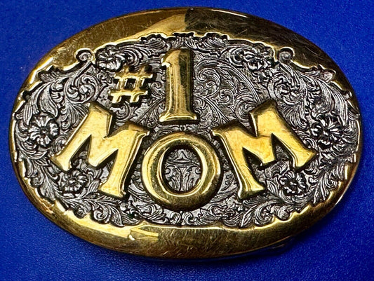 #1 MOM Mothers Day Perfect Gift Small Belt Buckle 24KGP by Award Design Medals