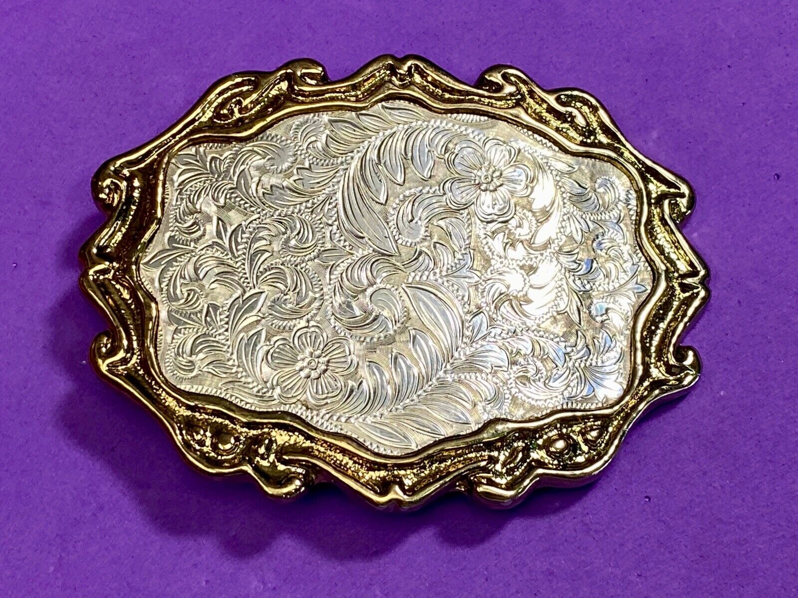 Unique Shape Western Belt Buckle Floral Design Western Cowboy Cowgirl Signed W