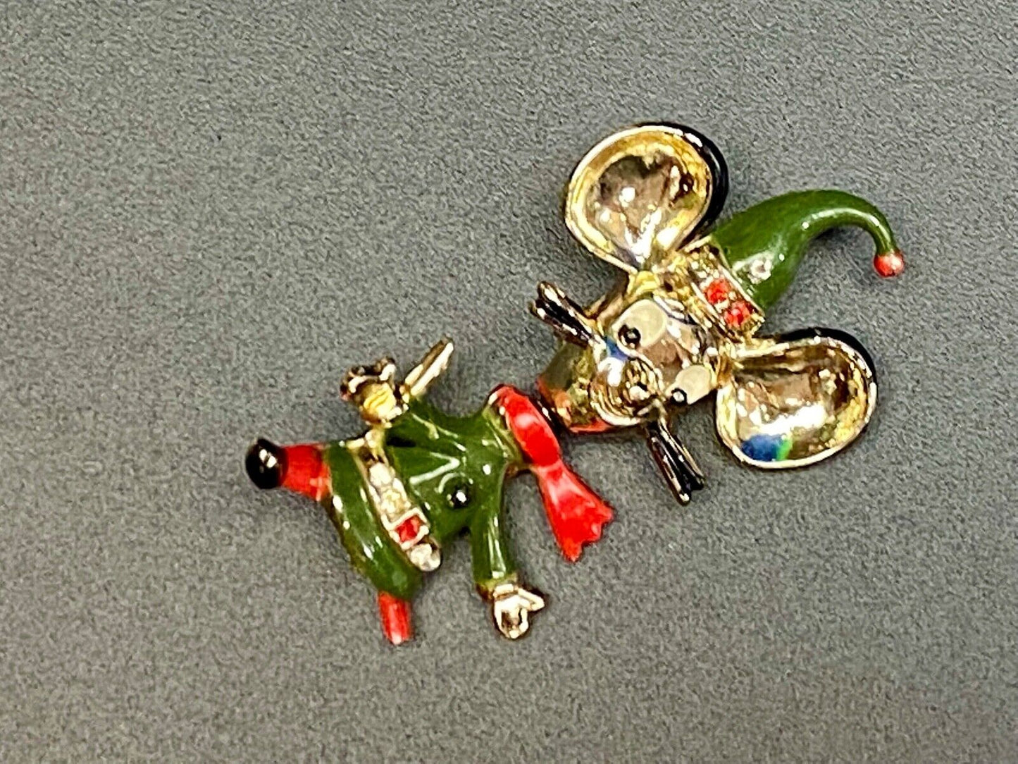 Vintage Jumping Mouse Brooch Pin by BEATRICE Red Green Enamel on GP Signed BJ
