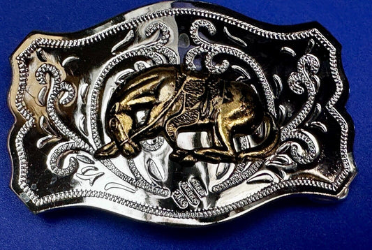 Vintage Cowboy Saddle Bronc Bucking Horse Two tone Belt Buckle