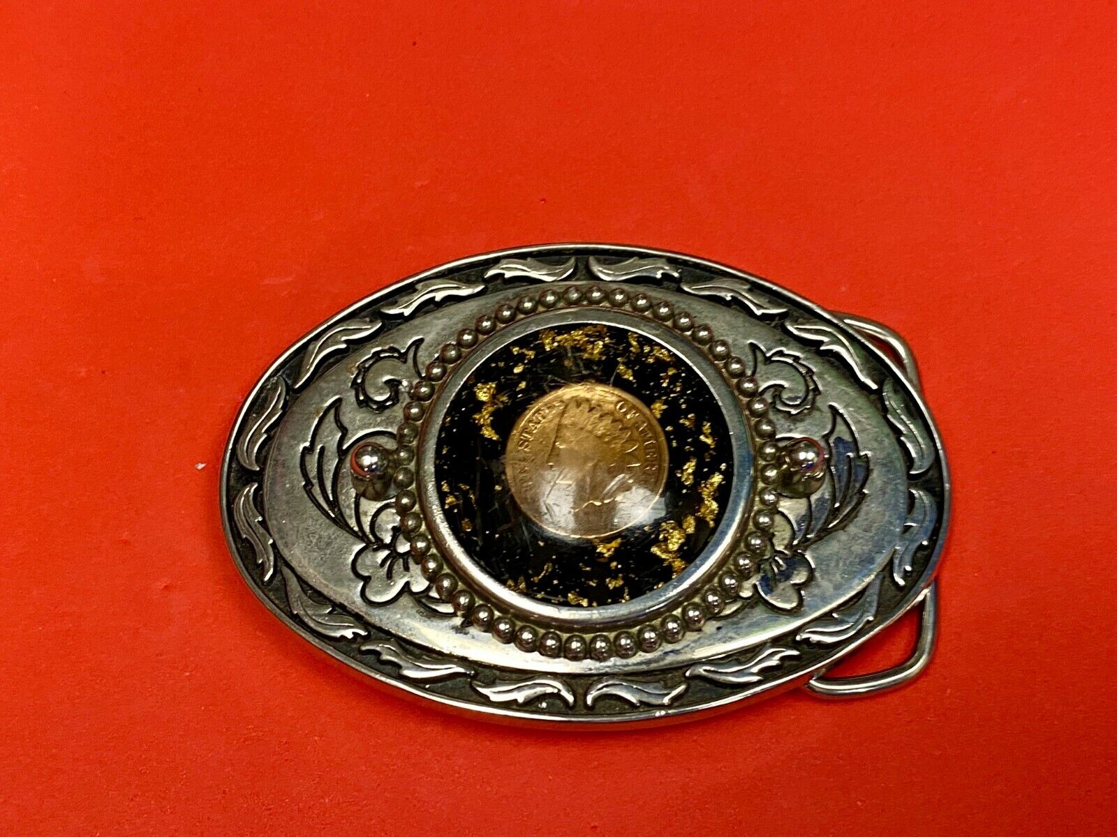 1887 Indian Head Penny Enclosed In Ornate Western Oval Belt Buckle