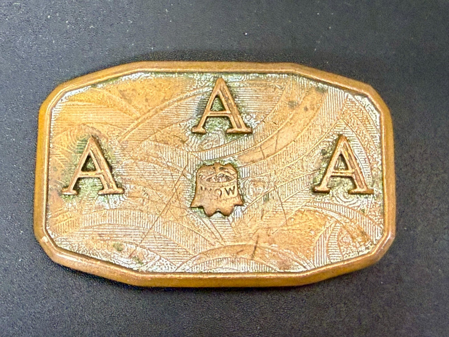 Three Letter AAA Logo Symbol Unknown? WOW Co Antique Hook-Fast Belt Buckle