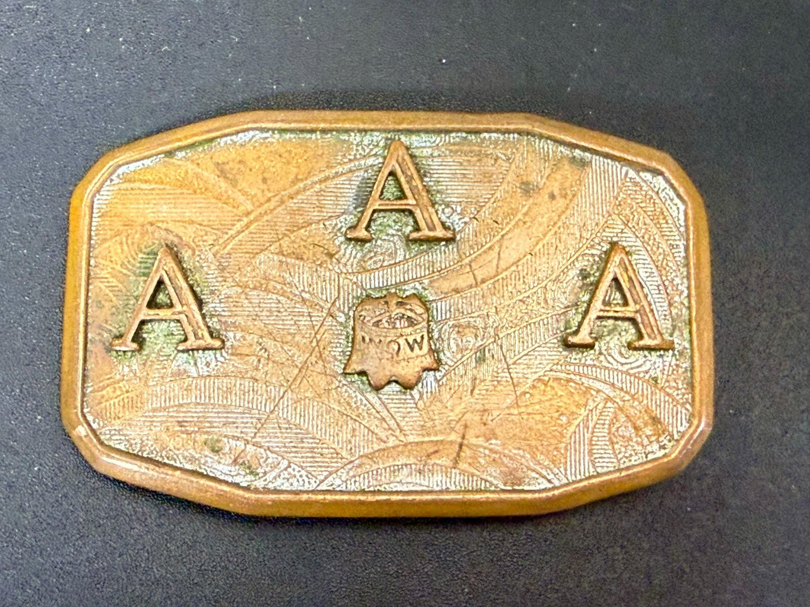 Three Letter AAA Logo Symbol Unknown? WOW Co Antique Hook-Fast Belt Buckle