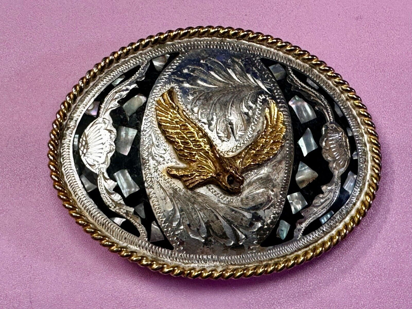 American Flying Hunting Eagle Abalone Shell Chunks Alpaca Mexico Belt Buckle
