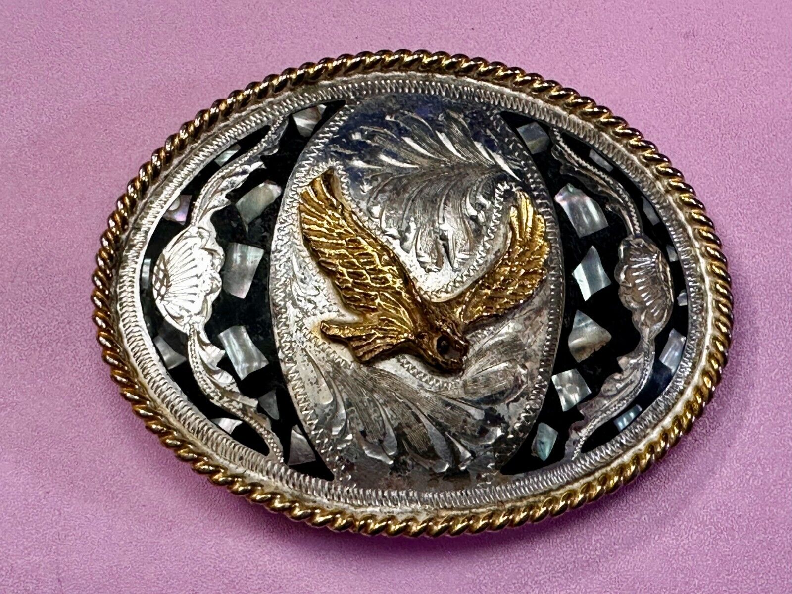 American Flying Hunting Eagle Abalone Shell Chunks Alpaca Mexico Belt Buckle