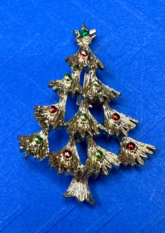 Vintage Christmas Tree & Ornaments Gold Tone Red Green Holiday Brooch Pin