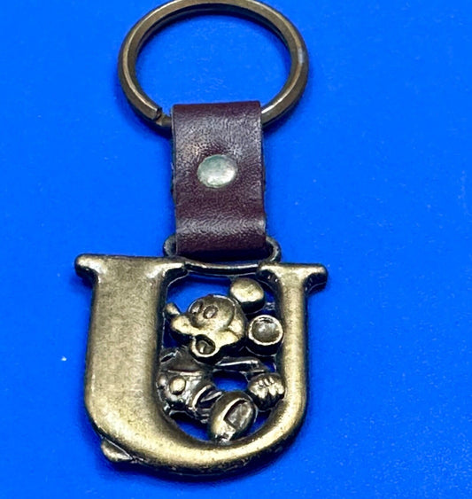 VINTAGE LETTER INITIAL U MICKEY MOUSE DISNEY KEYCHAIN BRASS and LEATHER FOB