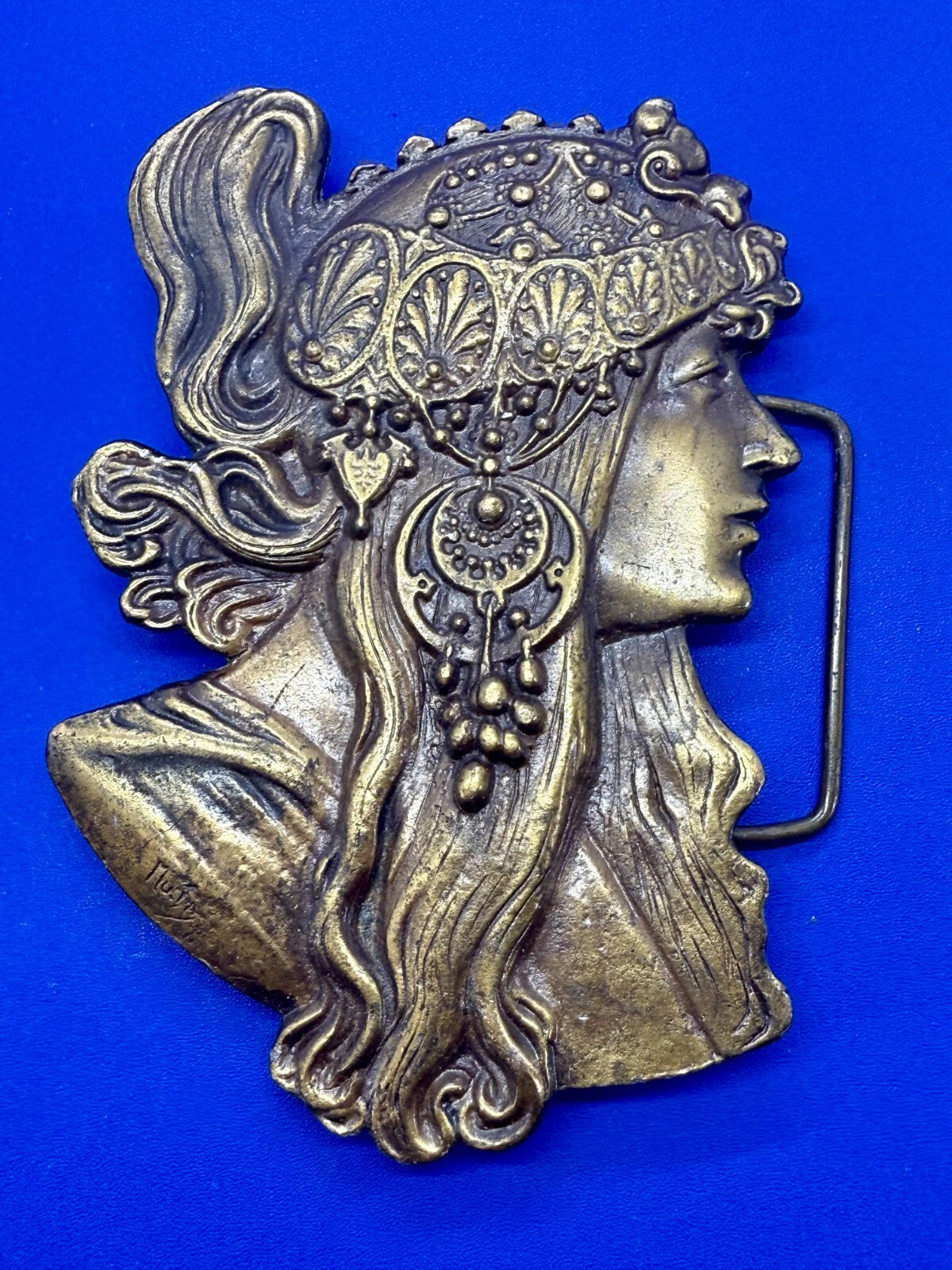 Alphonse Mucha Art Nouveau Boho Hippy Vibe Brass Tone Bergamot Belt Buckle E-60