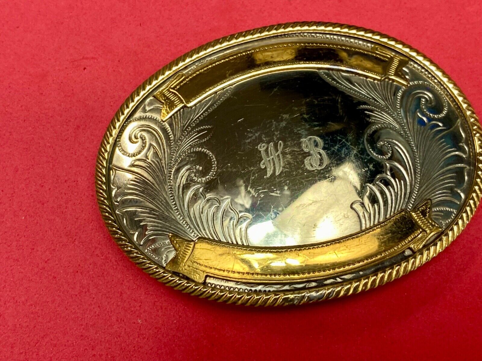 Vintage German Silver two tone rodeo award trophy style engraved belt buckle