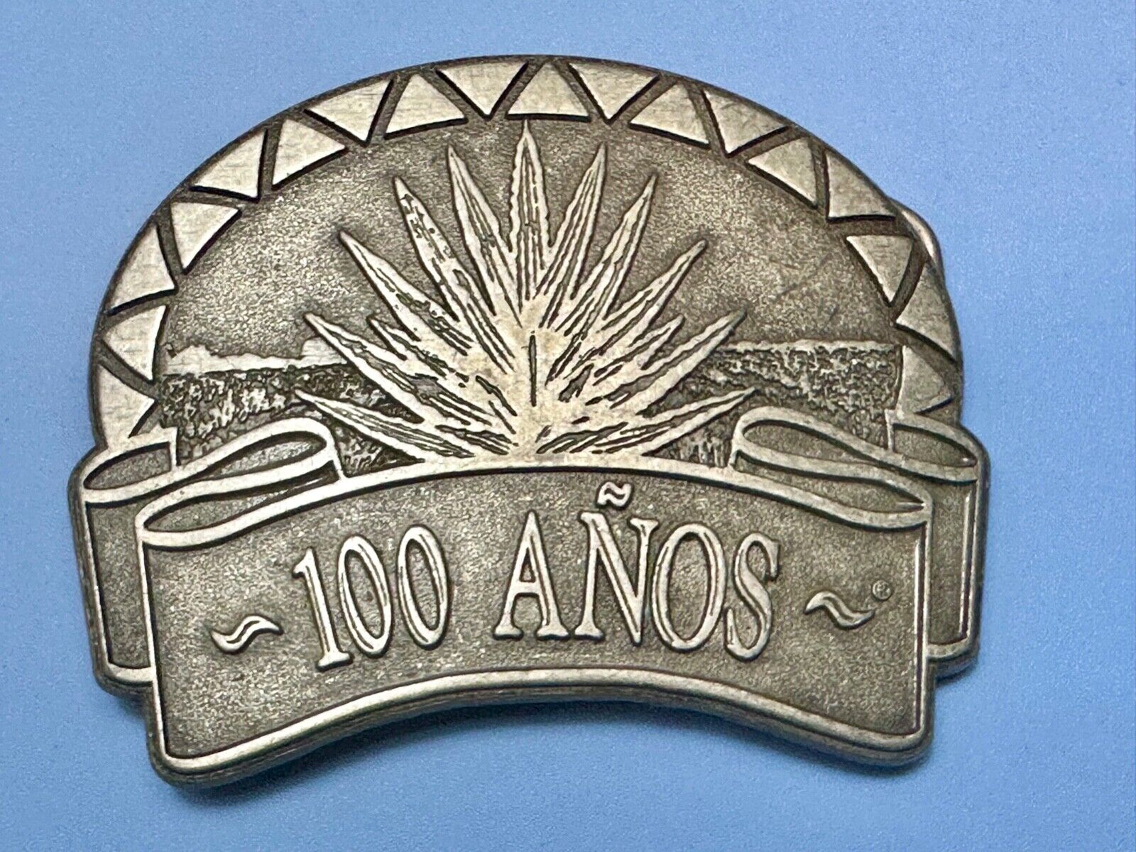 Tequila advertising 100 Anos Vintage Pewter Metal cutout belt buckle