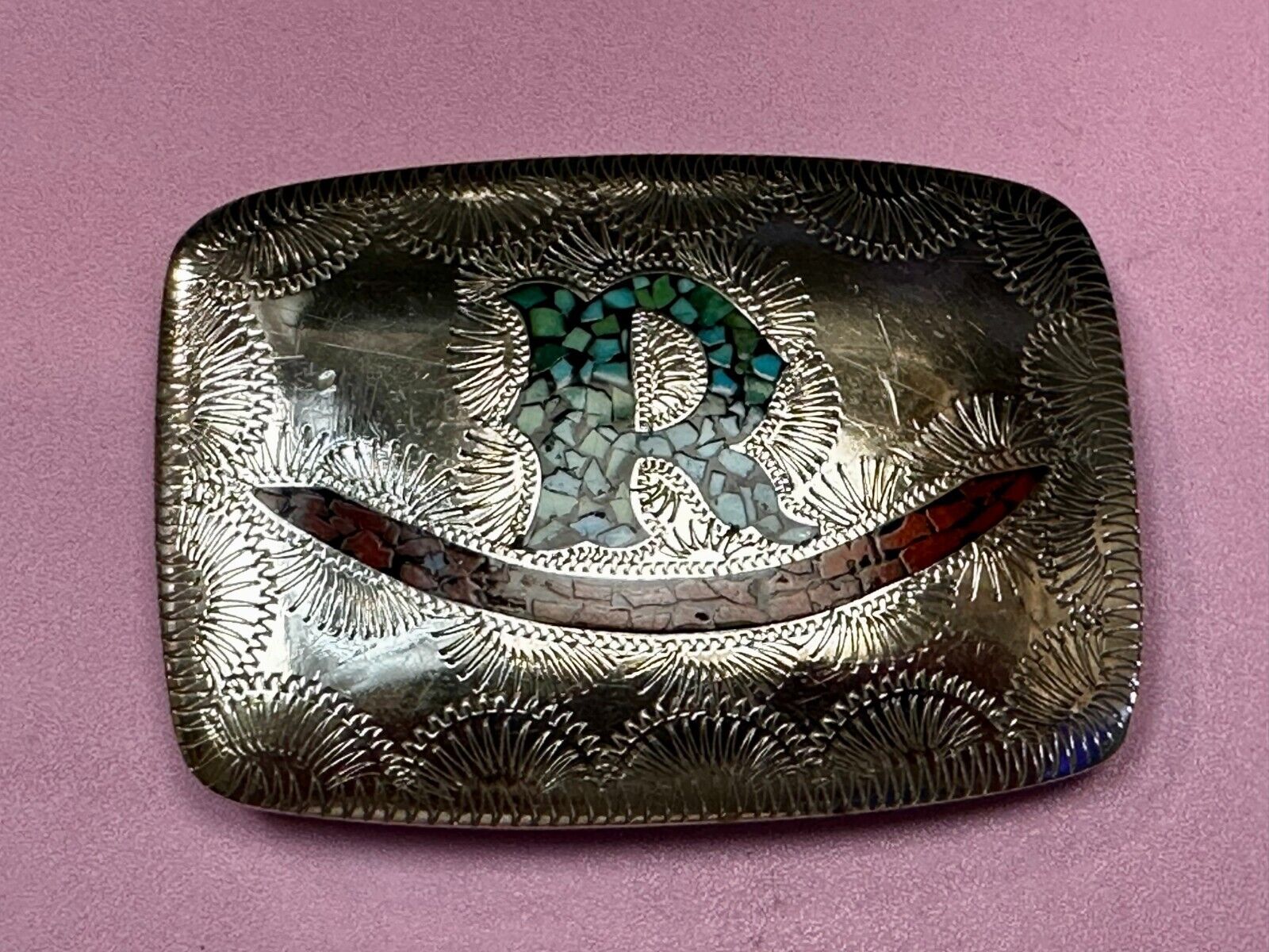 Turquoise & Coral Inlaid Native American Belt Buckle SSH Custom Initial Letter R