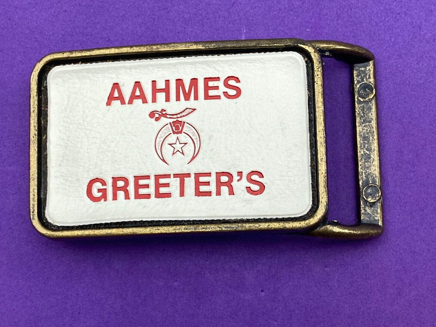 Aahmes Greeters Shriners, or Shrine Masons Club logo - white leather belt buckle