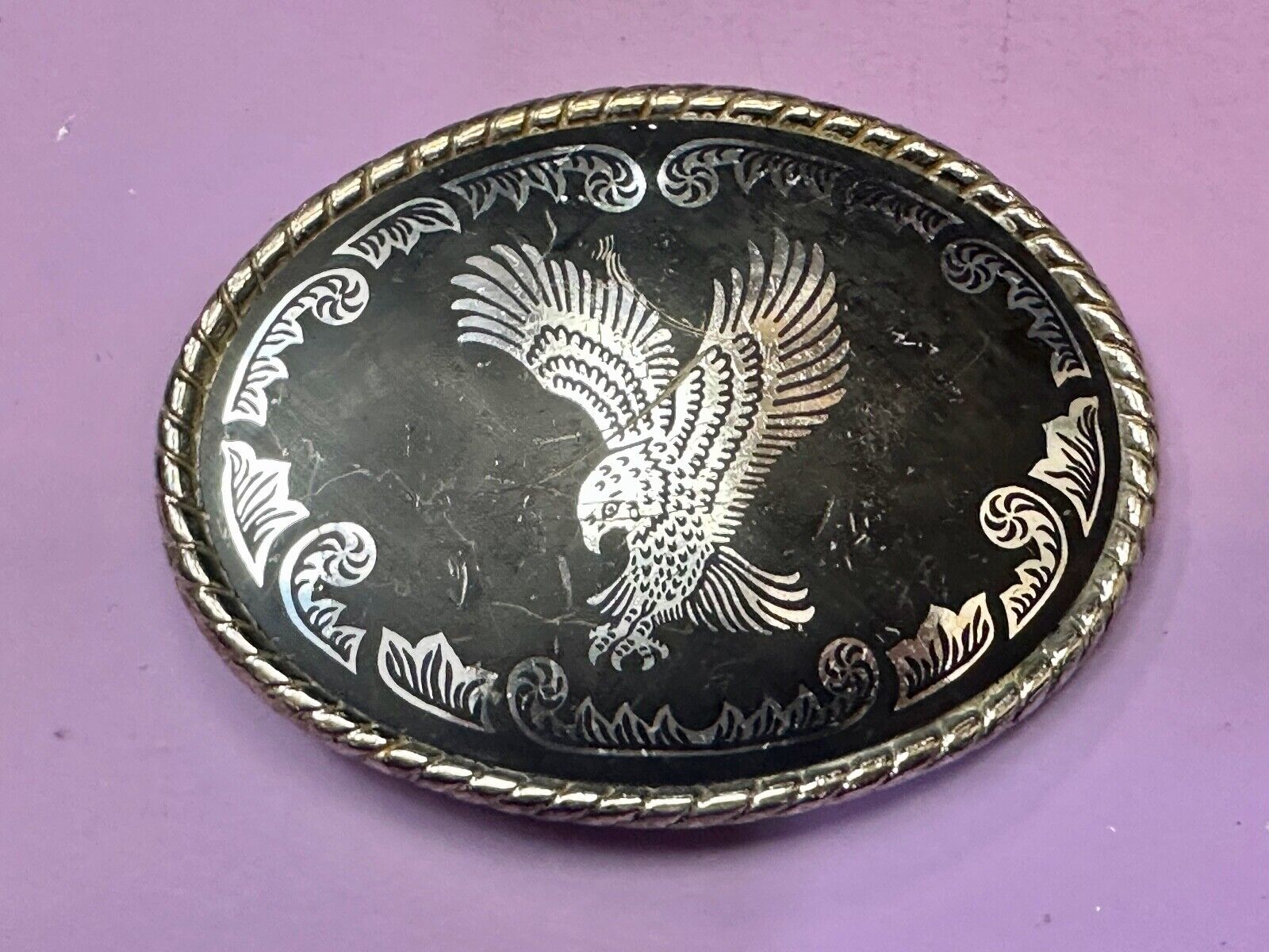 American Eagle black & silver tone Mixed metal vintage belt buckle marked W