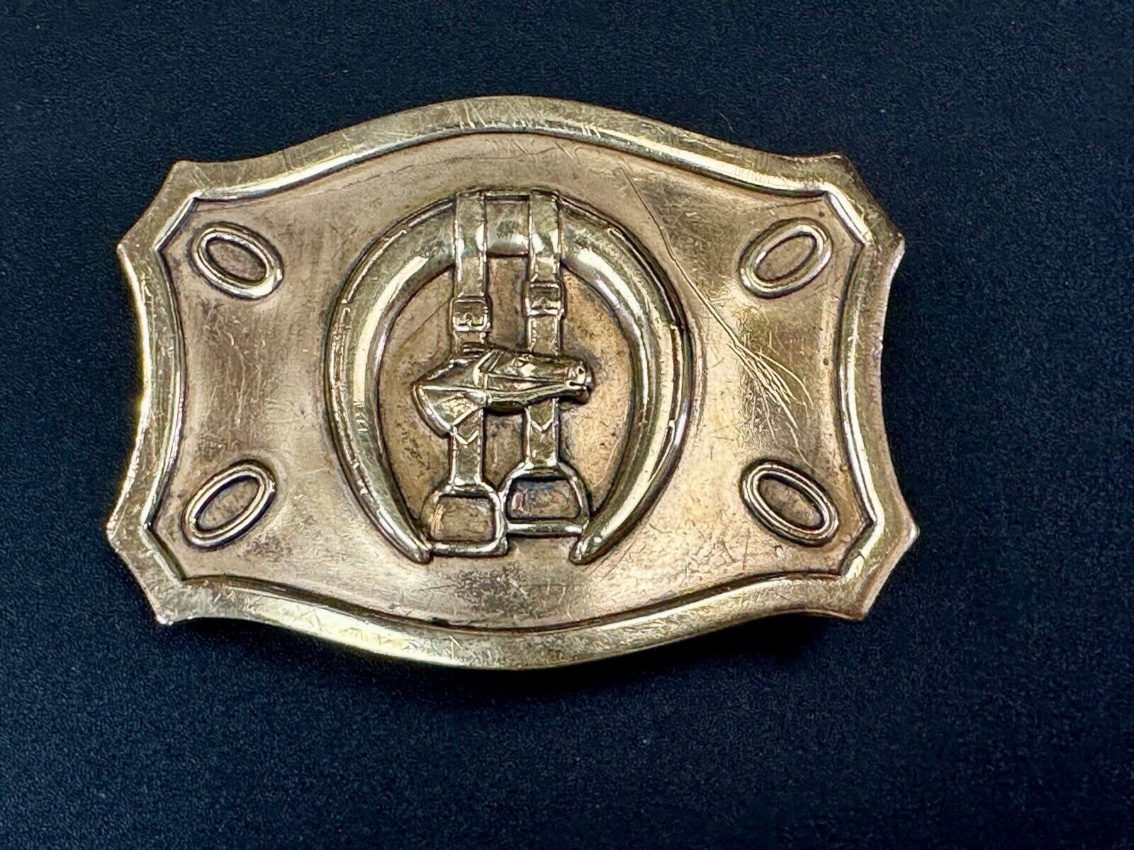 Vintage horse, head &  stirrups western lucky horseshoe belt buckle