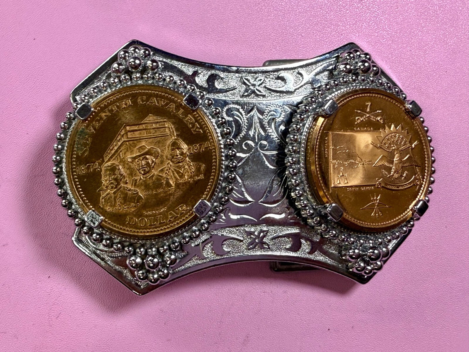 Two Seventh Cavalry Tokens Medallions in Dual Coin Collectors Belt Buckle