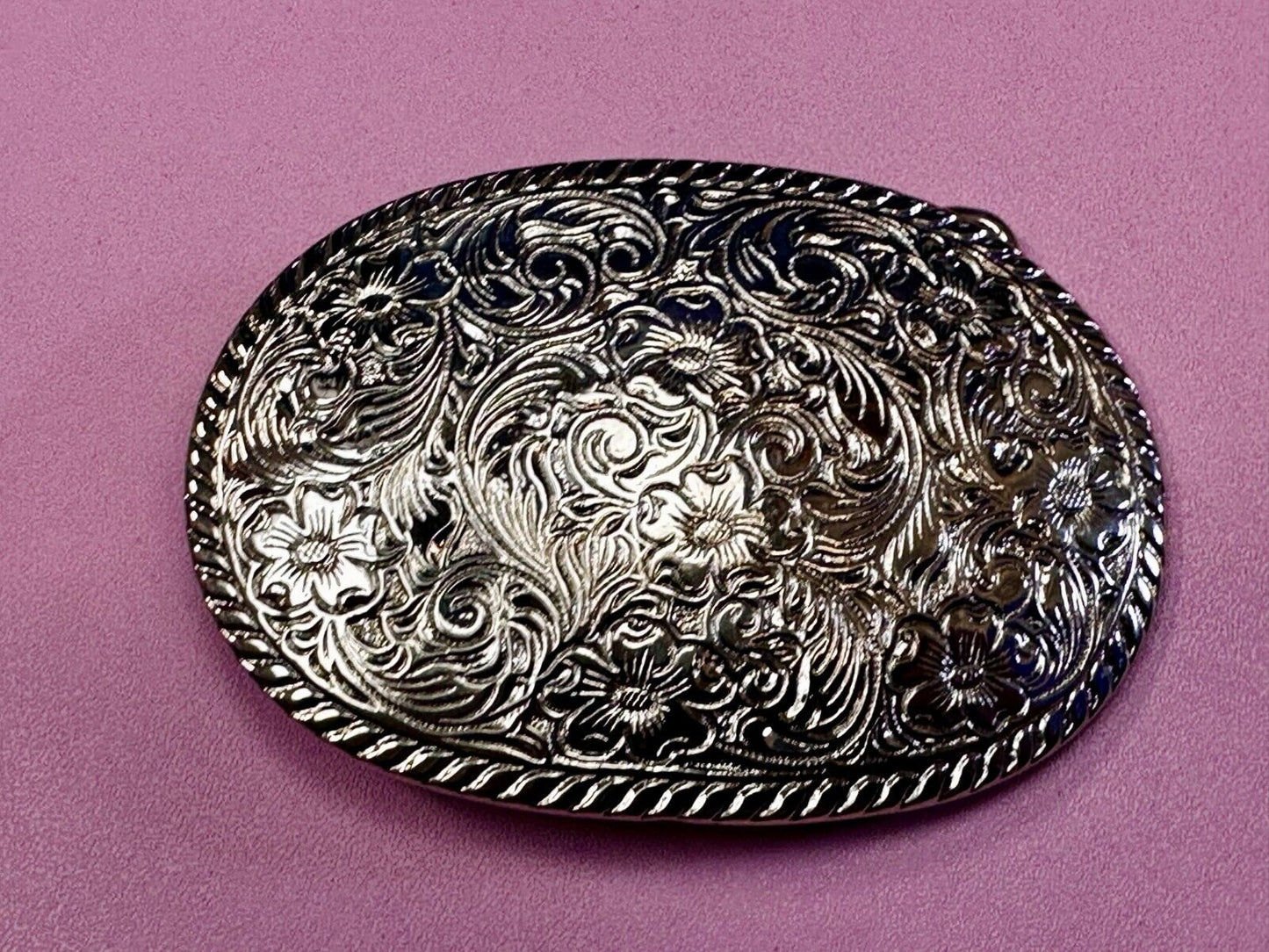 Vintage Floral Theme Oval Silver Tone Western Ornate Flower Swirl Belt Buckle