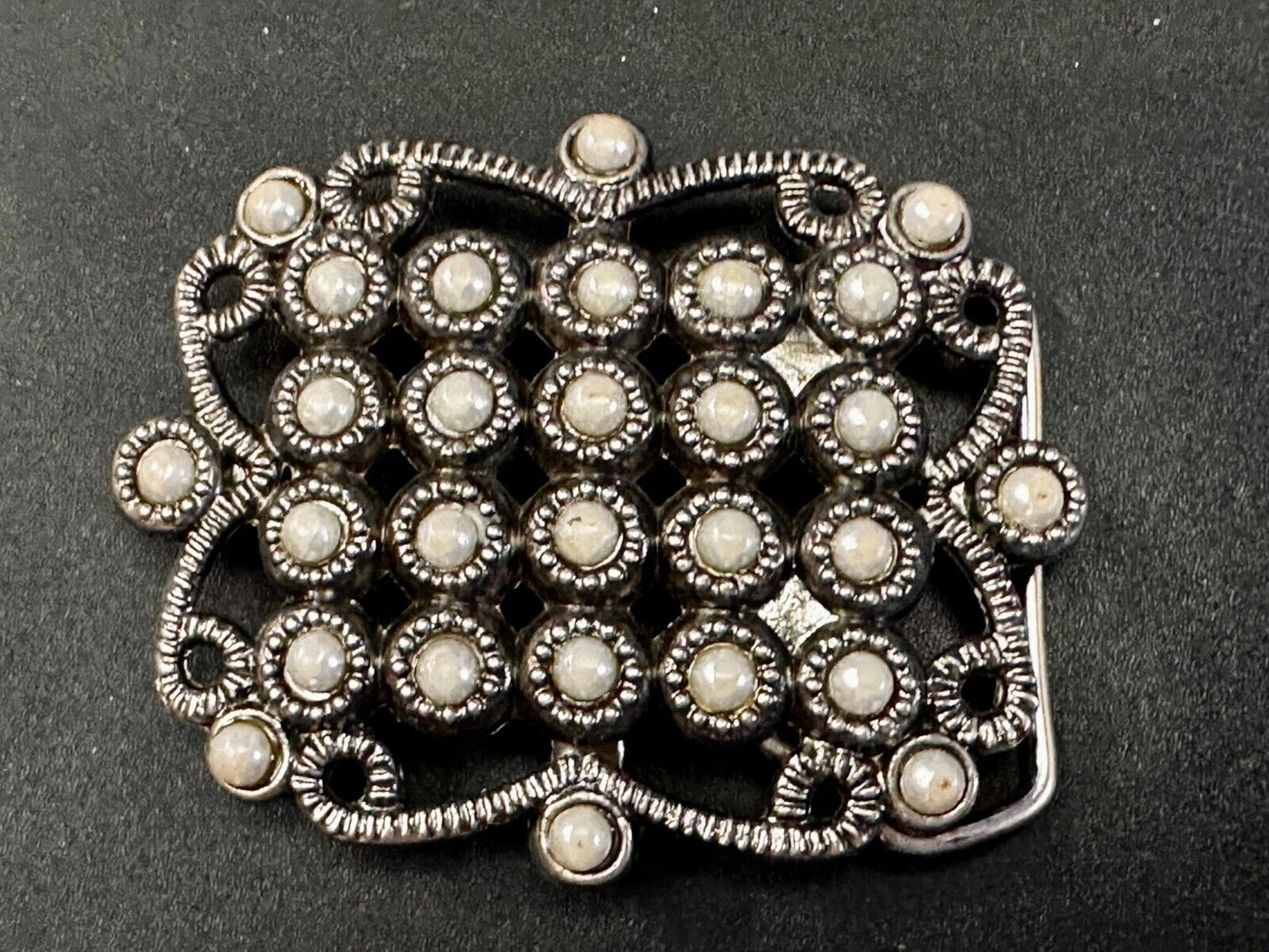 Victorian Style Faux Pearl Accented See-Trough Gray Metal Belt Buckle