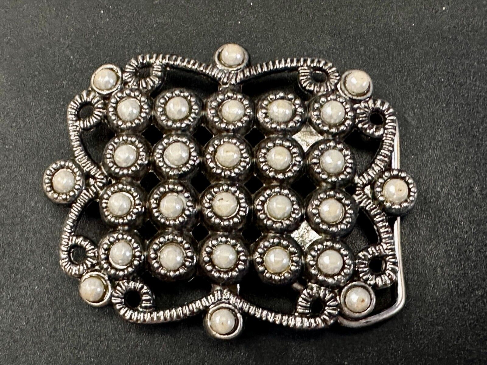 Victorian Style Faux Pearl Accented See-Trough Gray Metal Belt Buckle