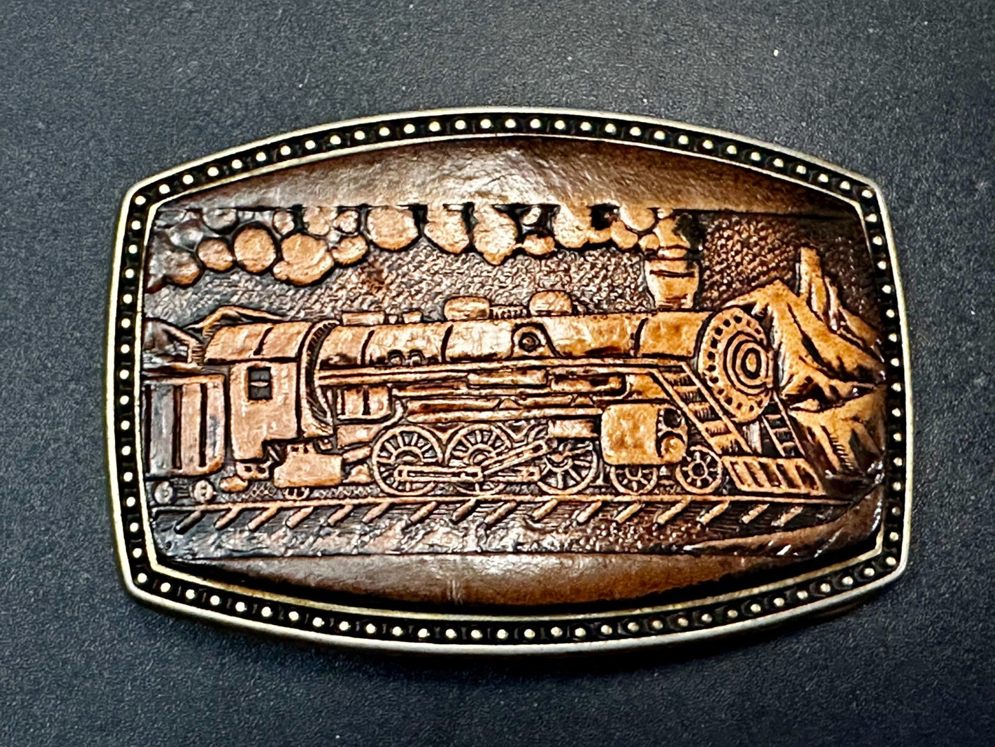 #4108 Train Locomotive Railroad Vtg. Leather on Metal Alumaline Belt Buckle
