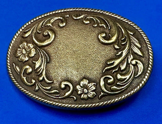 USA made vintage western flower swirl design oval belt buckle marked W