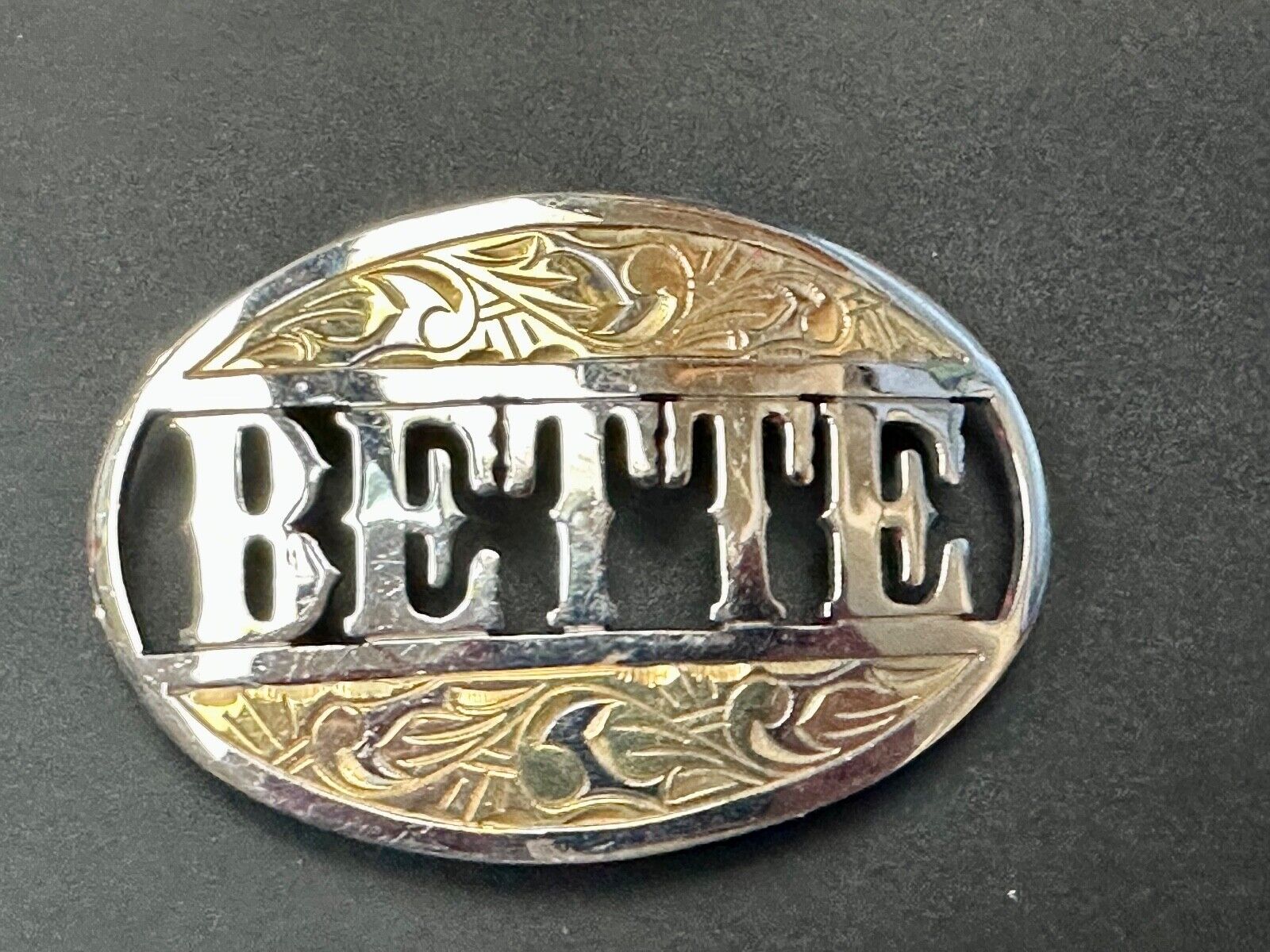 BETTE - custom name on western two tone cutout see through vintage belt buckle