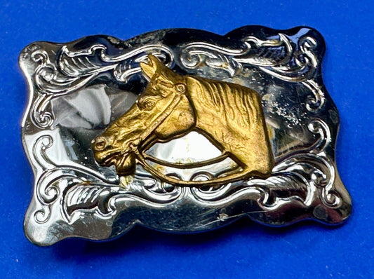 Vintage Chambers Horse head - two tone stamped rectangular belt buckle