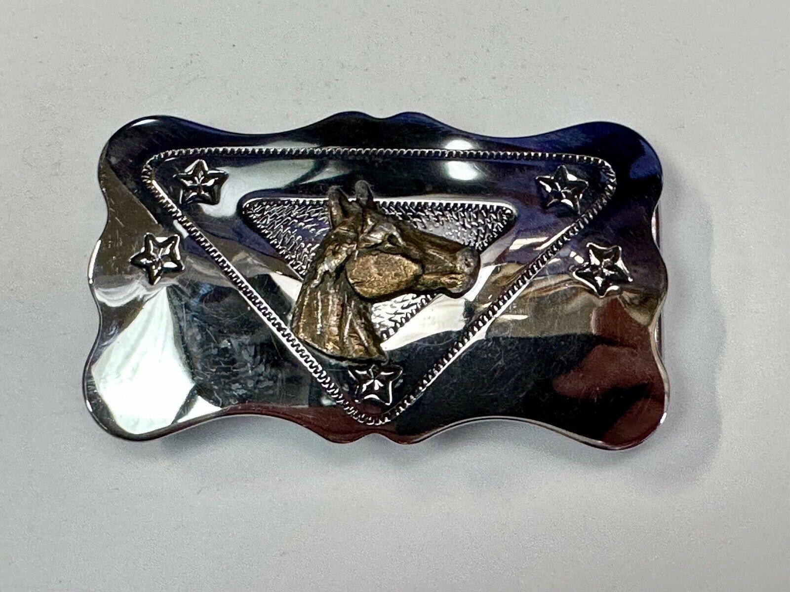 vintage horse head on reflective western silver tone rectangular belt buckle