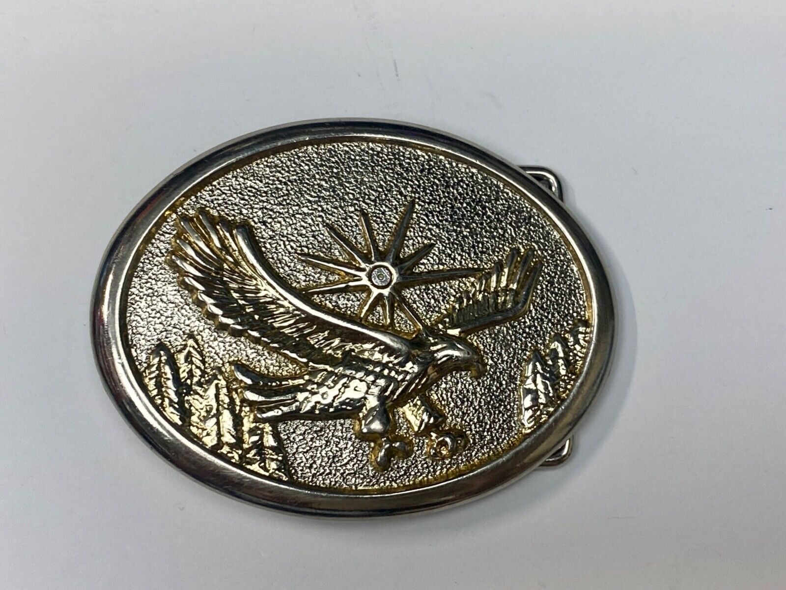 Vintage Eagle Flying Over Mountains With Sunburst two tone belt buckle