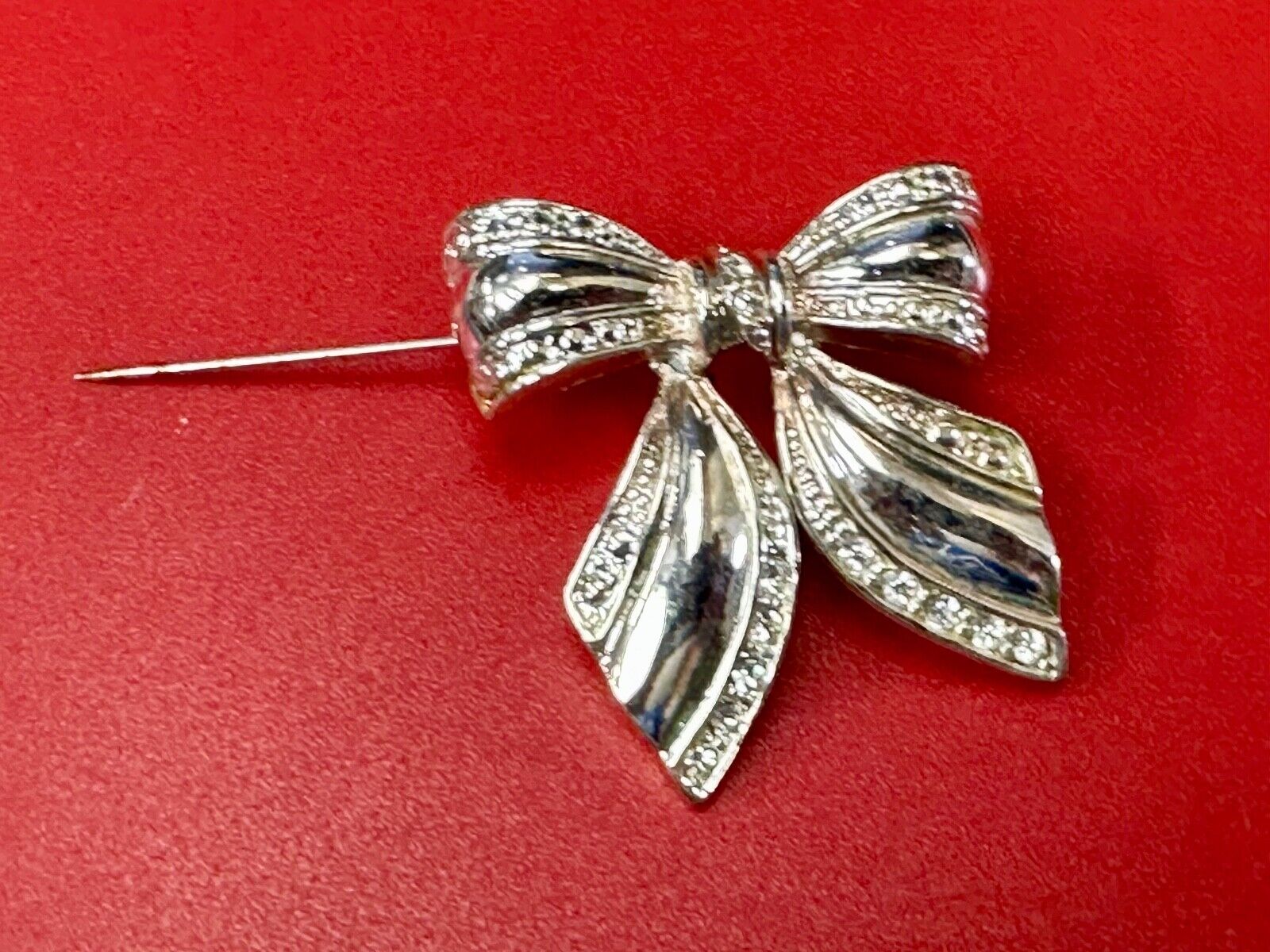 AAI Signed Vintage Brooch Pin 1.5” Bow Crystal Rhinestones Silver Tone