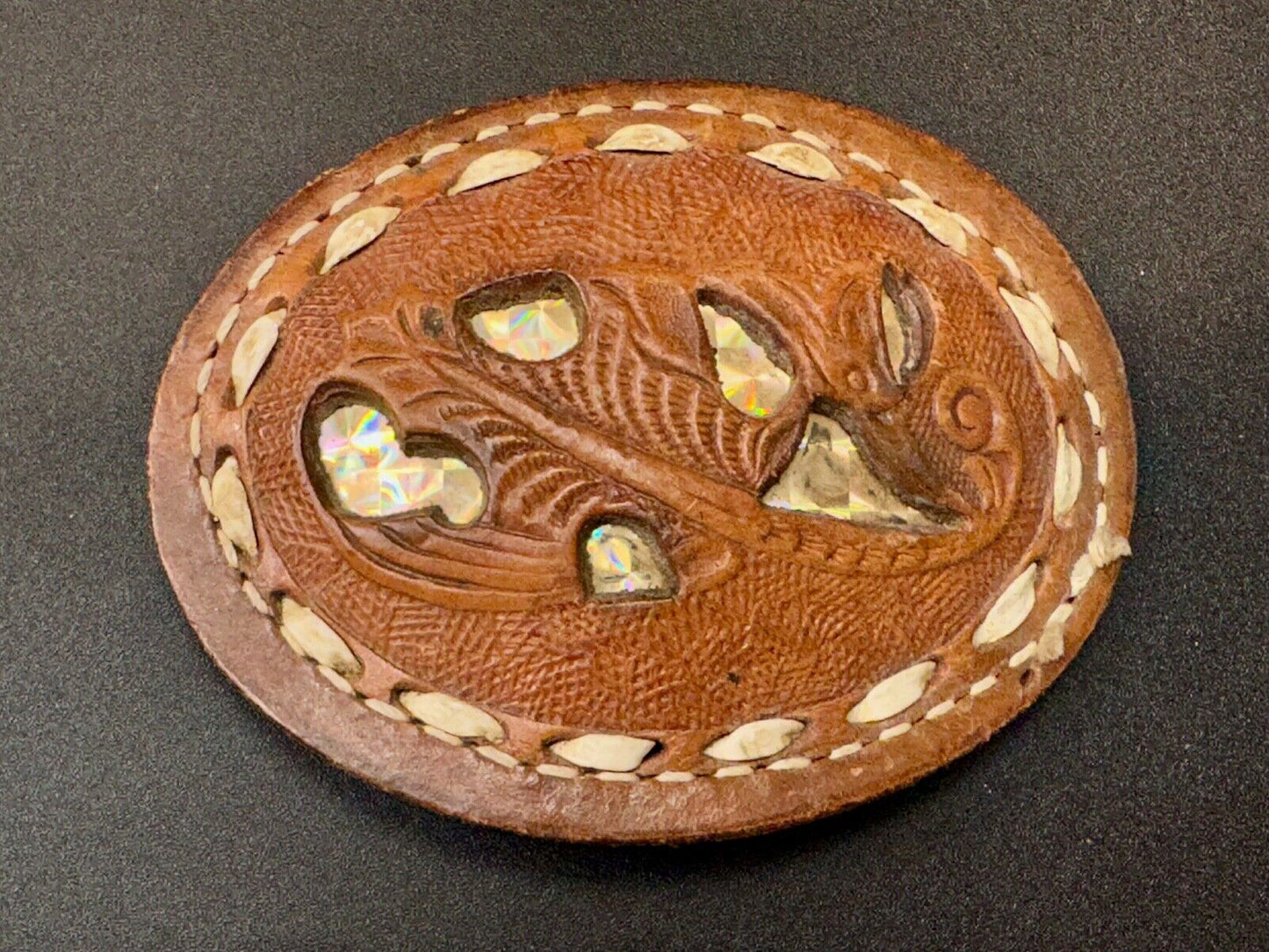 Unique leaf pattern in leather belt buckle made of Abalone shell