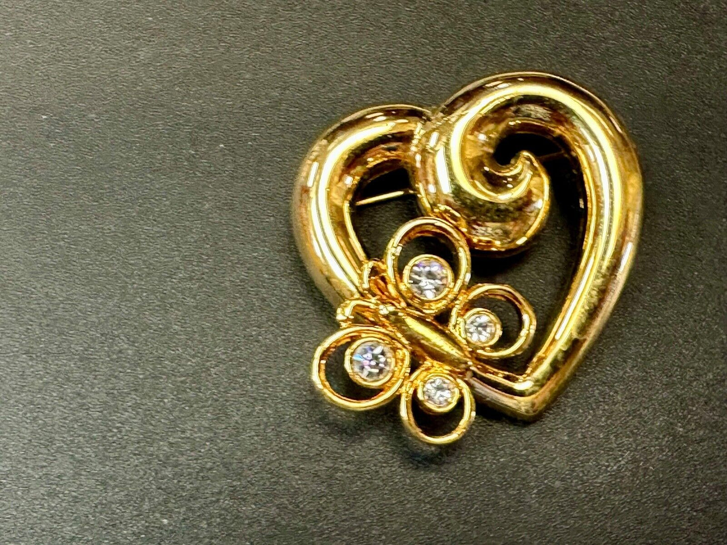 AK Anne Klein signed gold tone heart with rhinestone butterfly Brooch Pin
