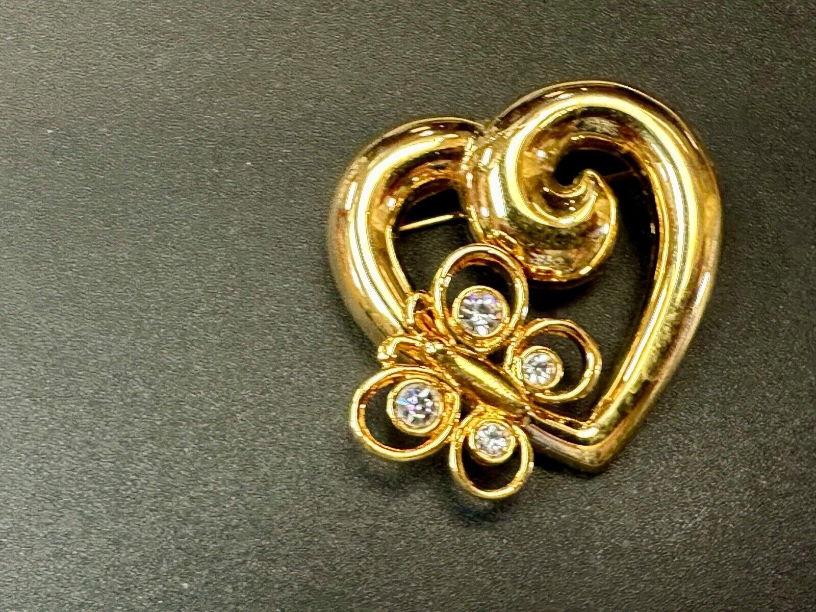 AK Anne Klein signed gold tone heart with rhinestone butterfly Brooch Pin