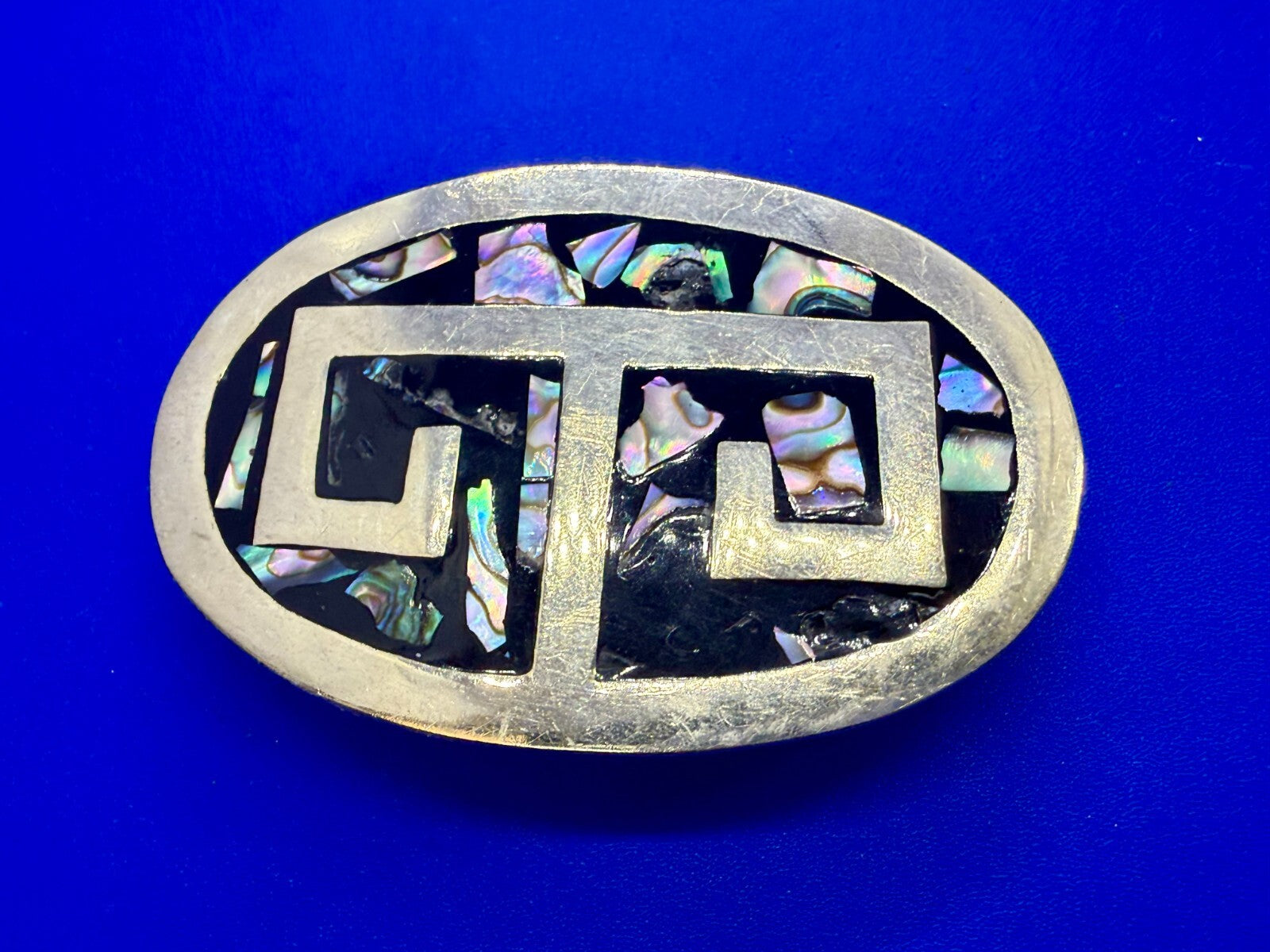 Vintage Alpaca Mexico Silver Tone Abalone Shell Pattern Oval Belt Buckle