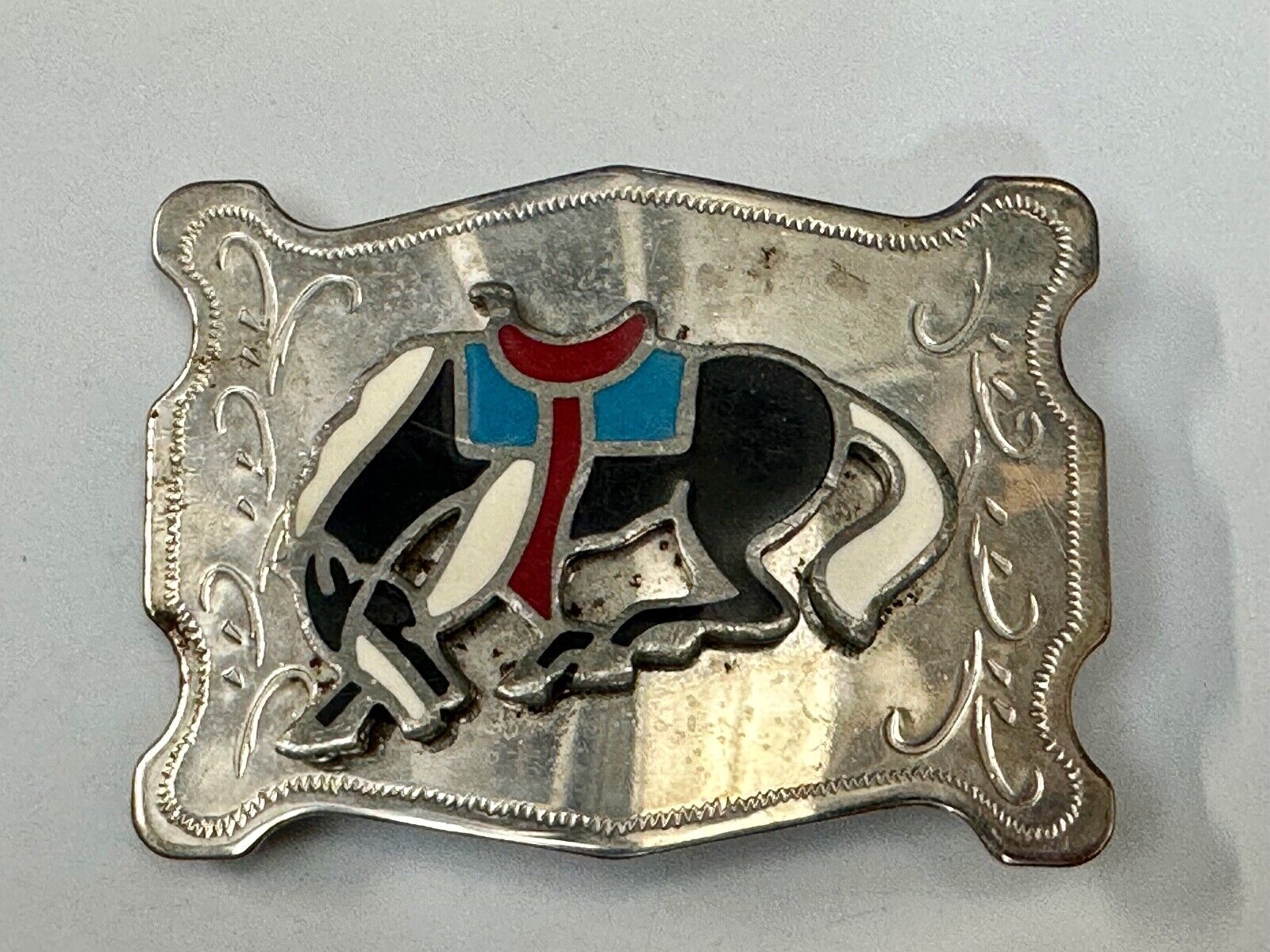 Vintage Cowboy's Horse Saddle Bronc western Inlaid enamel belt buckle