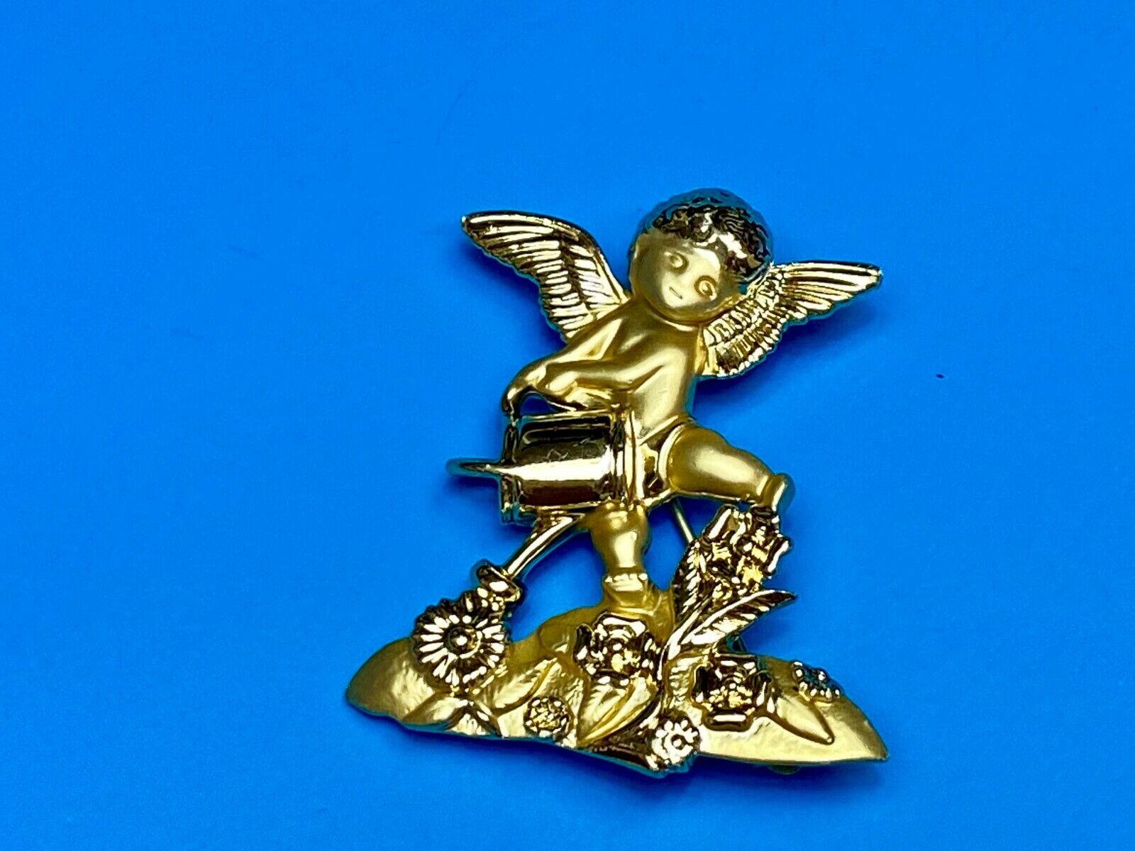 Angle Watering Flower Garden Plants Cupid Brooch Pin Signed AJC 