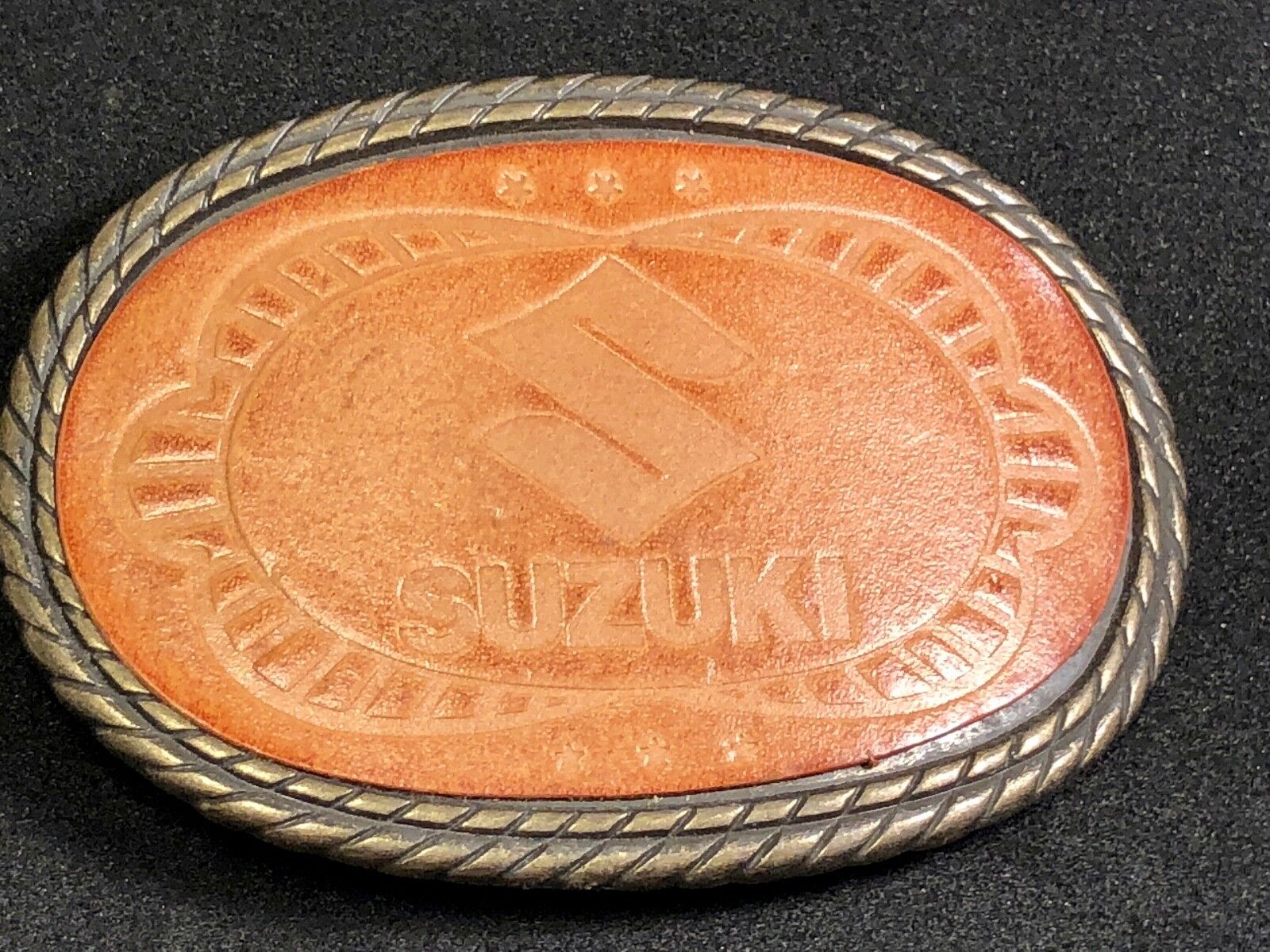 Vintage Leather Suzuki Belt Buckle - motorcycle engine Logo 