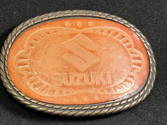 Vintage Leather Suzuki Belt Buckle - motorcycle engine Logo 