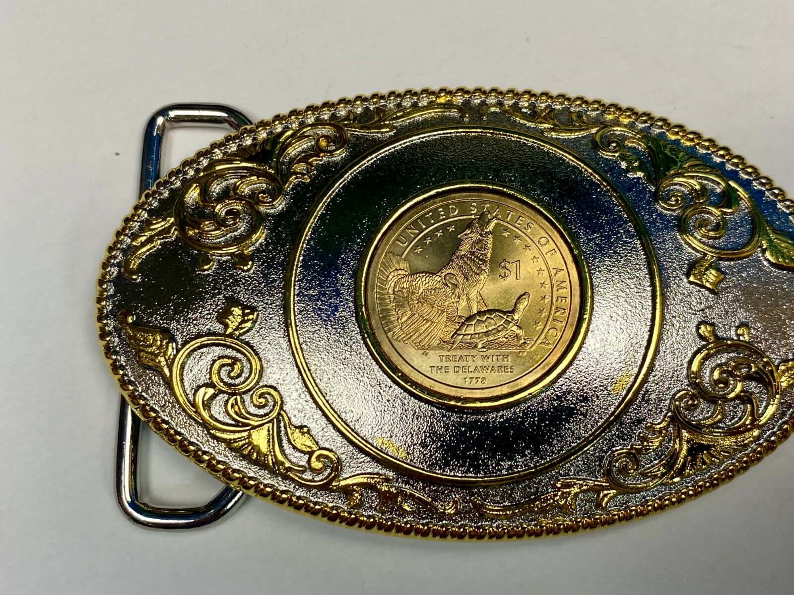 Treaty With Delaware First Commemorative Mint One Dollar Coin Belt Buckle & Coa