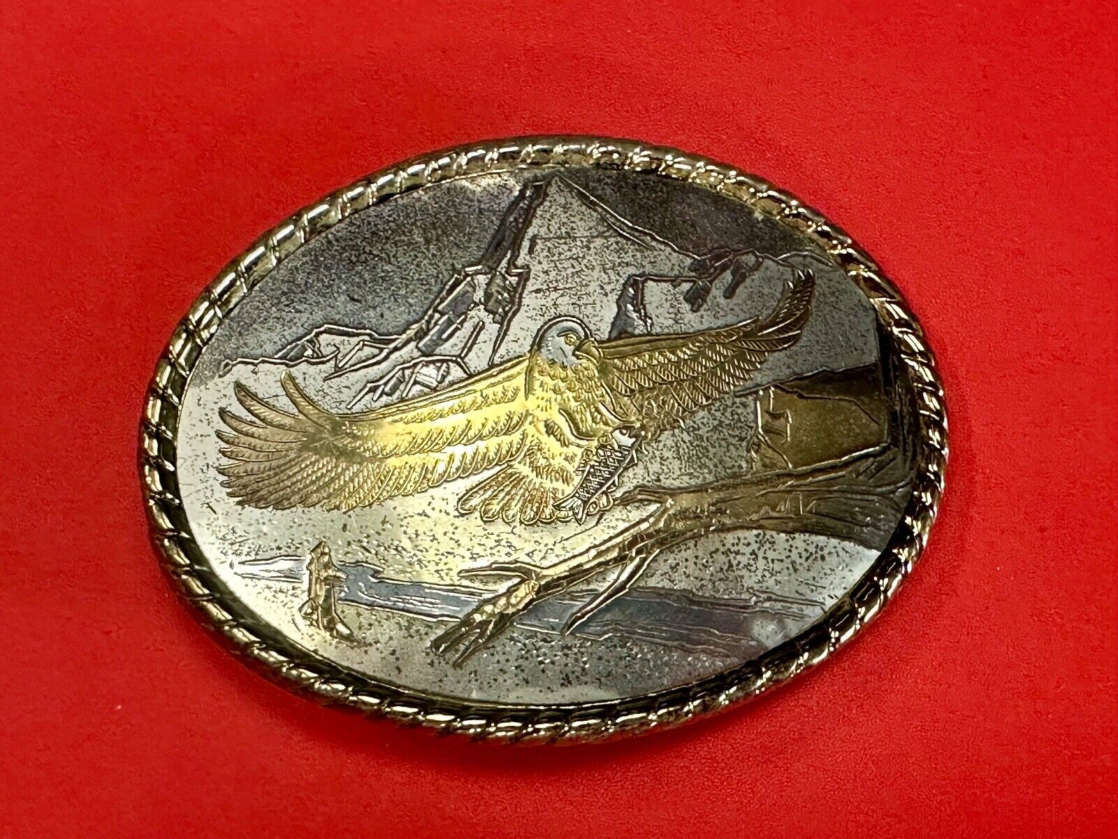 American Eagle Landing on limb perch - Vintage western oval belt buckle marked W
