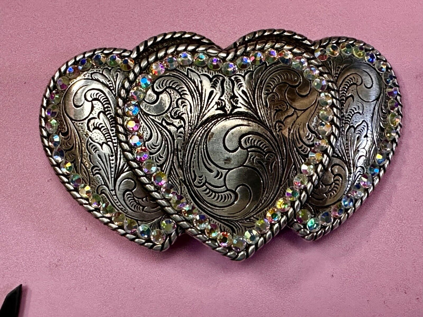 Triple / 3 Hearts - Rhinestone accented Silver tone cutout western Belt Buckle