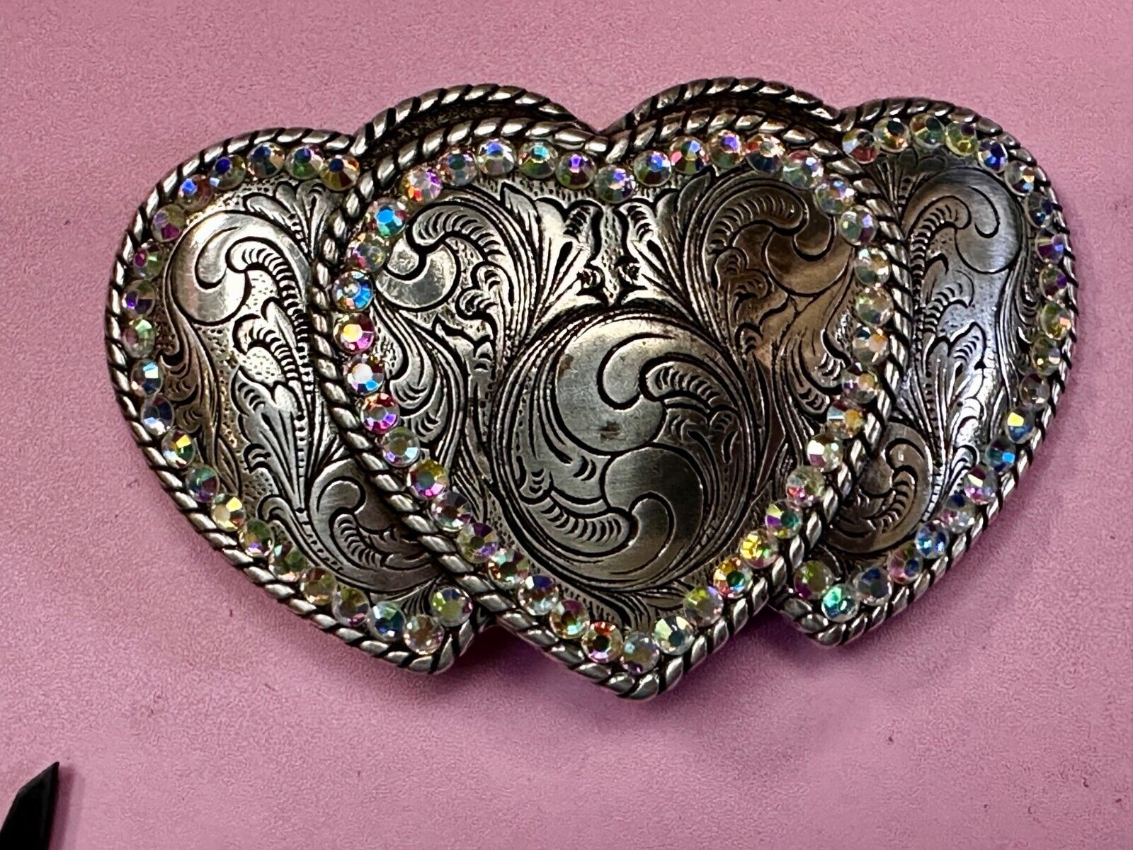 Triple / 3 Hearts - Rhinestone accented Silver tone cutout western Belt Buckle