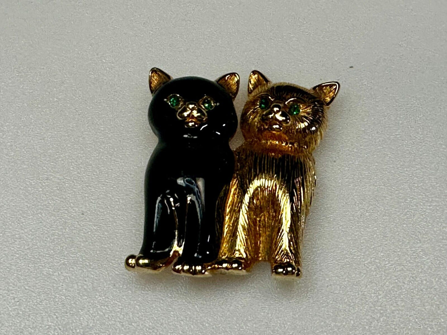 Two Sitting Cats Green Eyes, Black & Gold Kittens Brooch Pin Signed Swarovski